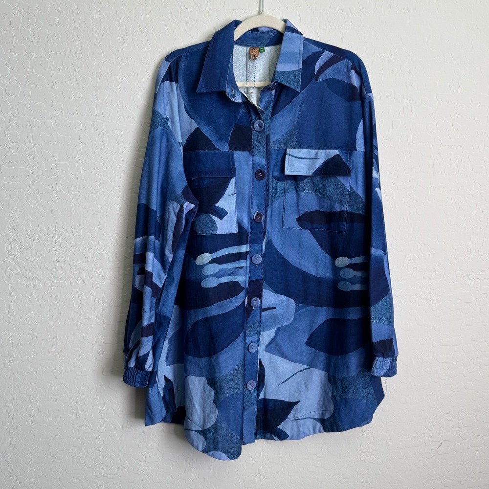 Farm Rio Blue Abstract Floral Button Down Shirt Jacket Oversized Large Boho‎